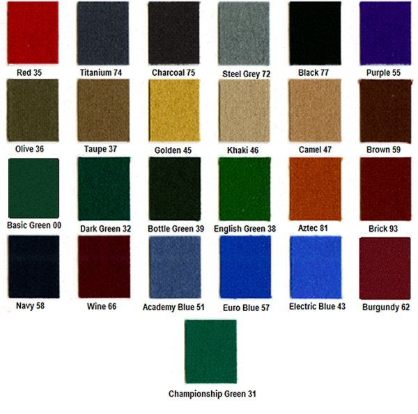 Purple 55 Red 35 Titanium 74 Charcoal 75 Black 77 Steel Grey 72 Olive 36 Taupe 37 Khaki 46 Camel 47 Brown 59 Golden 45 Basic Green 00 English Green 38 Aztec 81 Brick 93 Dark Green 32 Bottle Green 39 Navy 58 Wine 66 Electric Blue 43 Academy Blue 51 Burgundy 62 Euro Blue 57 Championship Green 31